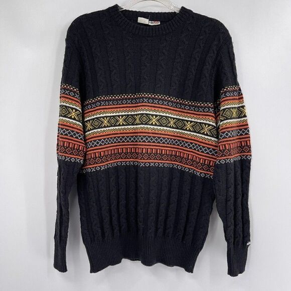 Vintage ELLESSE Wool Black 80s Mens Sweater L Italy Orange Cable knit Fishermens - Picture 1 of 6